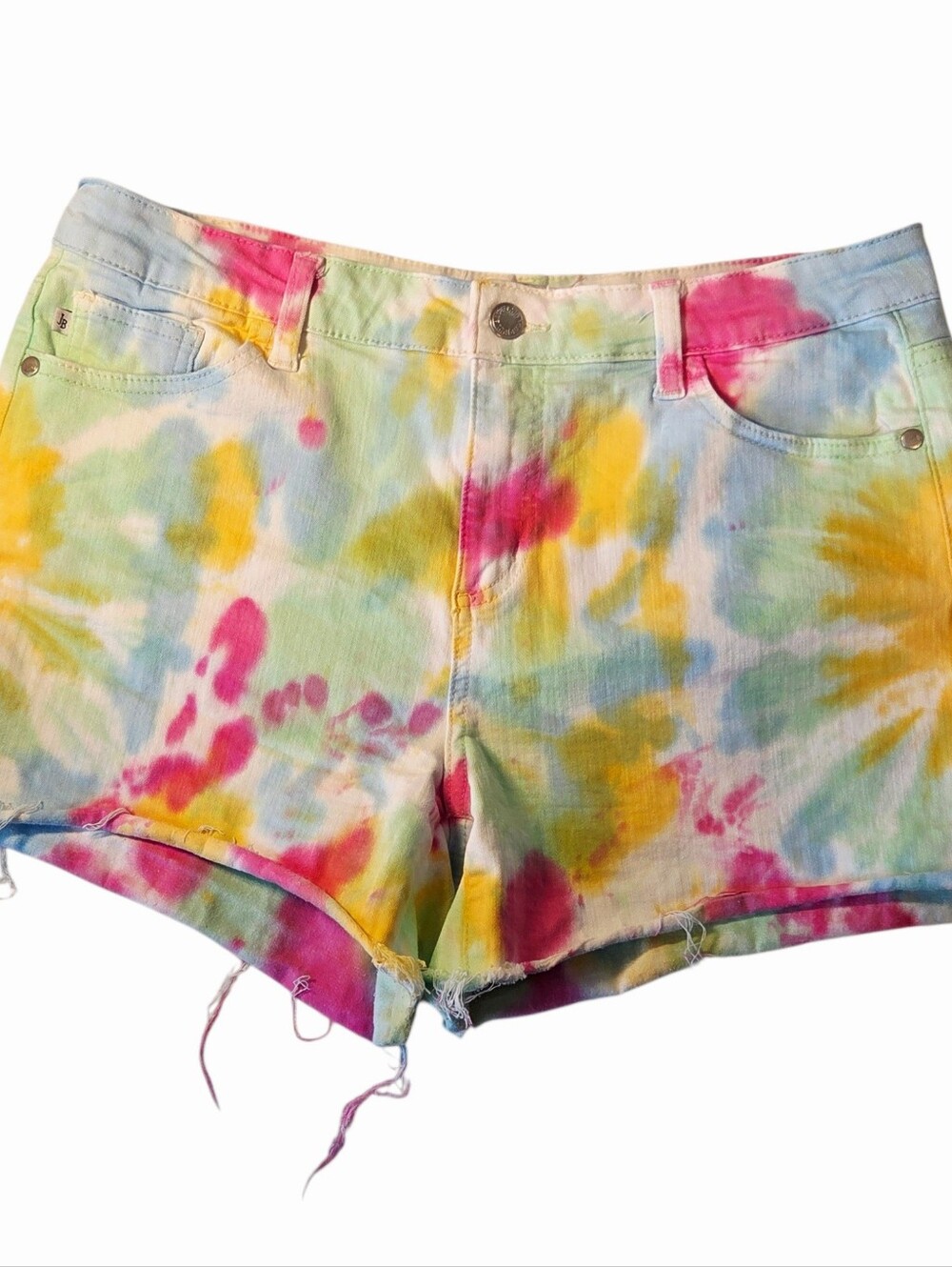 Judy Blue Shorts Tie-Dye Denim Raw Hem Rainbow Cut-off sz L 10 JB150011 Stretch